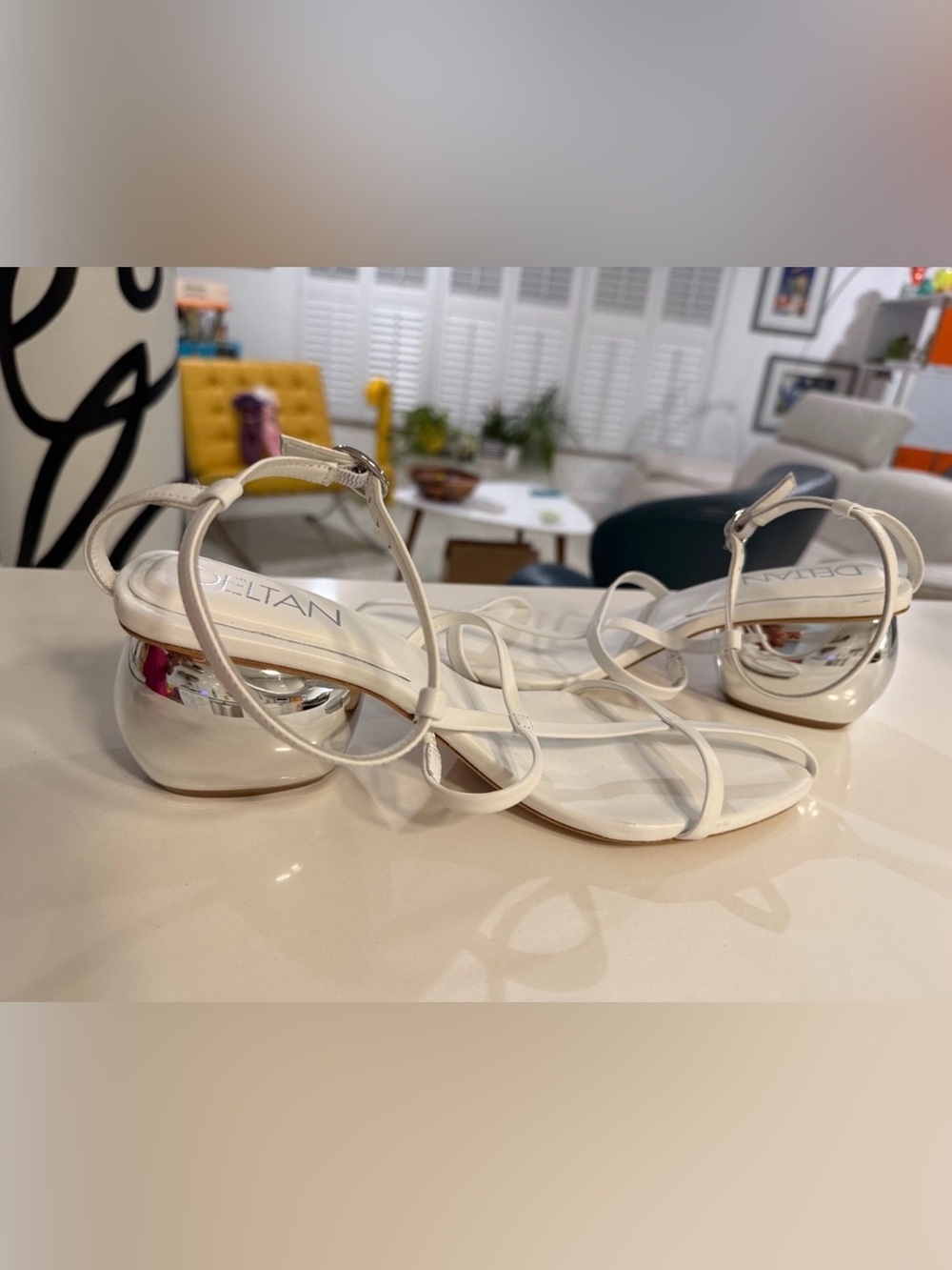 Delta White Strappy Mid Block Heel Sandals